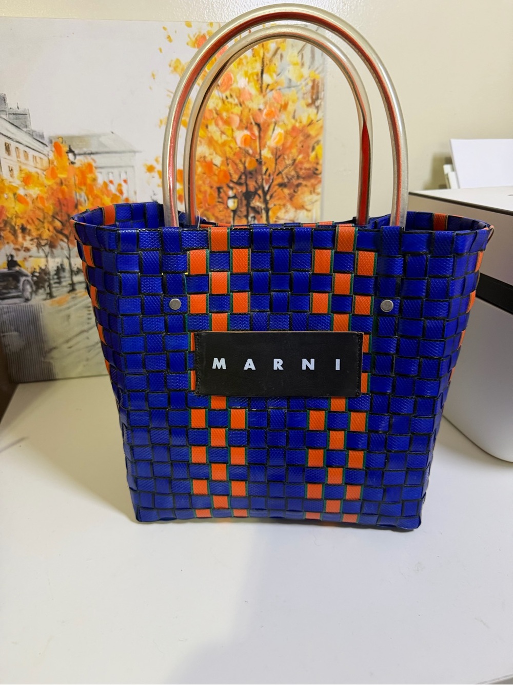 Marni Royal Blue and Orange Woven Checker Tote